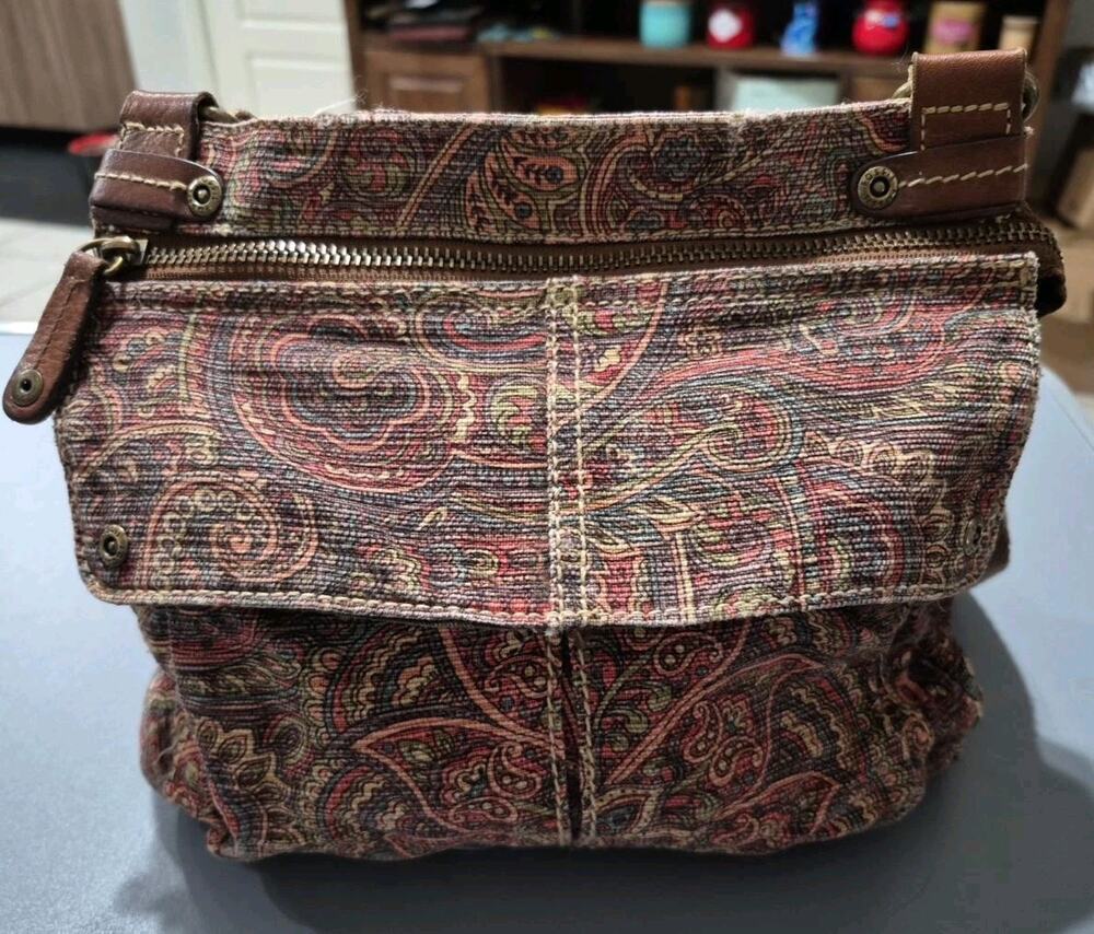 Fossil Paisley Crossbody Shoulder Bag Multicolor Brown Canvas Organizer